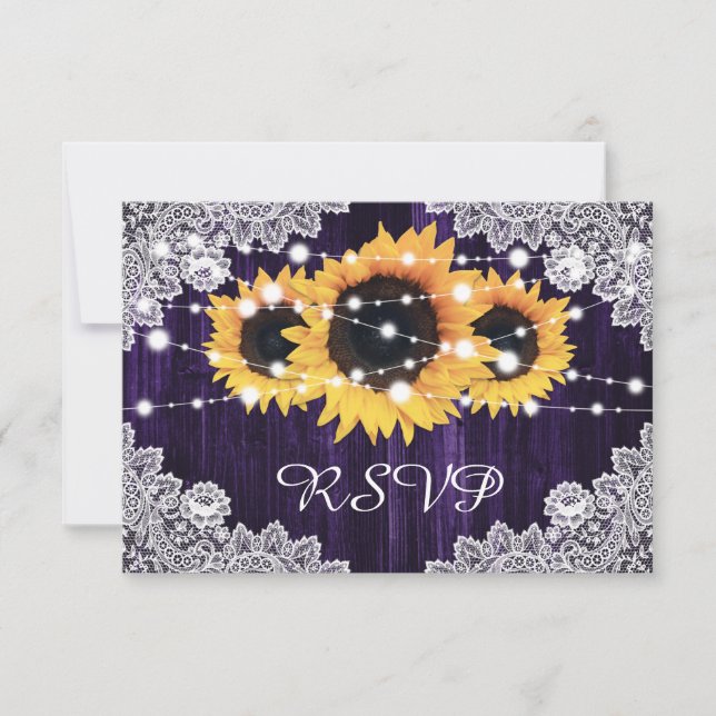 Tarjeta De Confirmación De Asistencia Rústico Sunflower Wood Lace Luce Boda Púrpura (Anverso)