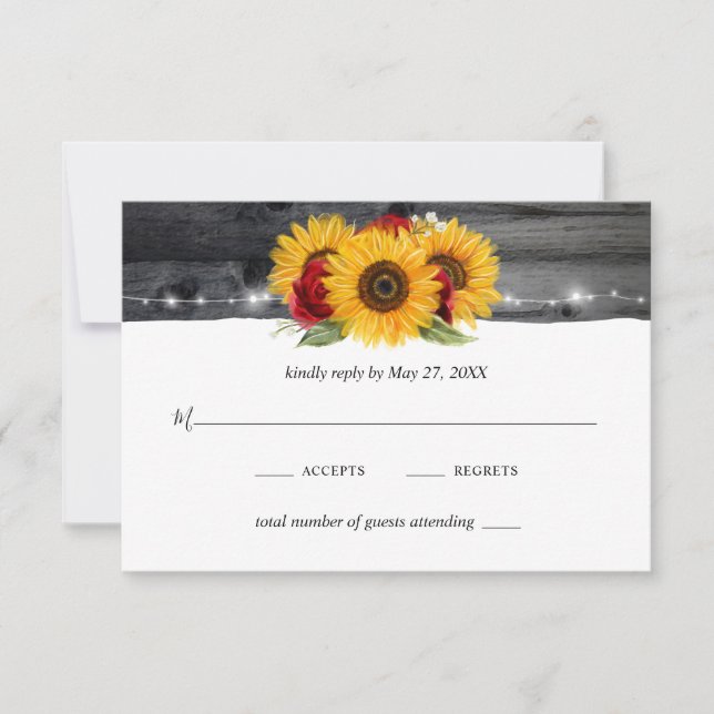 Tarjeta De Confirmación De Asistencia Rústico Wood Sunflower Burgundy Red Rose Boda (Anverso)