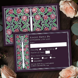 Tarjeta De Confirmación De Asistencia Sable de Bodas Floral Medieval de Berenjena Espada