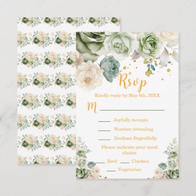 Tarjeta De Confirmación De Asistencia Sage Green and Cream Floral Sweet Sixteen (Anverso / Reverso)