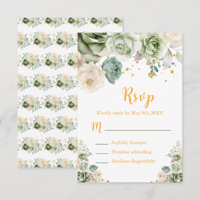 Tarjeta De Confirmación De Asistencia Sage Green and Cream Floral Sweet Sixteen (Anverso / Reverso)