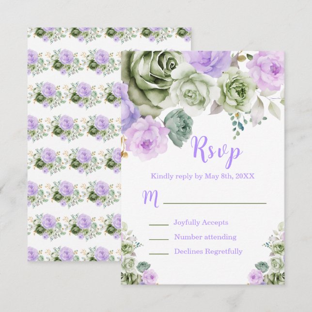 Tarjeta De Confirmación De Asistencia Sage Green and Purple Floral Sweet Sixteen (Anverso / Reverso)