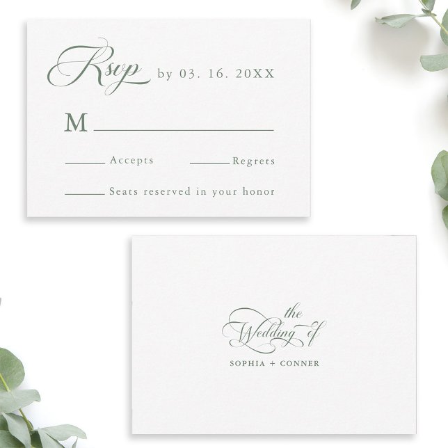 Tarjeta De Confirmación De Asistencia Sage Green Delicate Elegant Wedding (Front & Back)