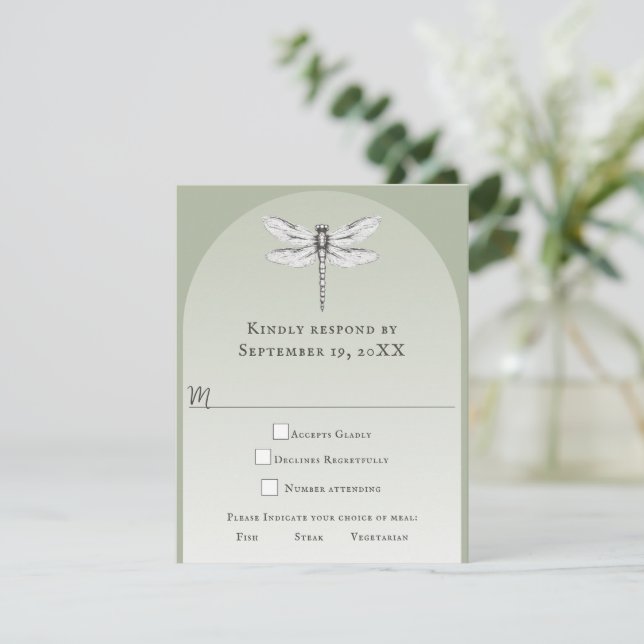 Tarjeta De Confirmación De Asistencia Sage Green Dragonfly Boda (Anverso de pie)