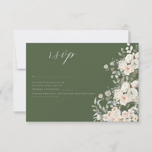 Tarjeta De Confirmación De Asistencia Sage Green-Elegant boda Botánico Floral Blanco (Anverso)