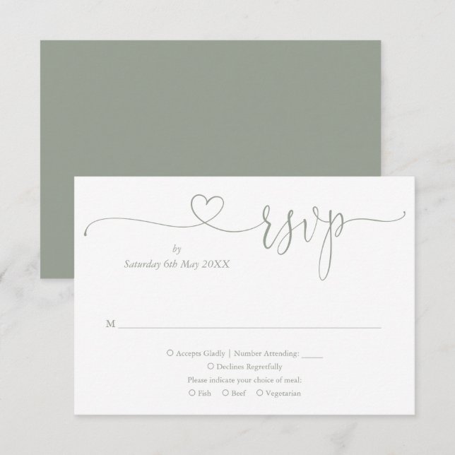 Tarjeta De Confirmación De Asistencia Sage Green Elegant Heart Script (Anverso / Reverso)