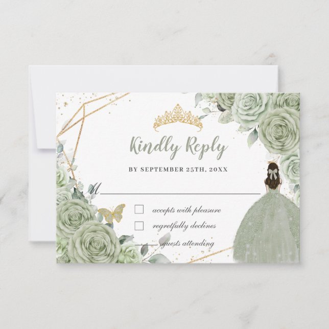 Tarjeta De Confirmación De Asistencia Sage Green Floral Gold Quinceañera Princess Dress (Anverso)