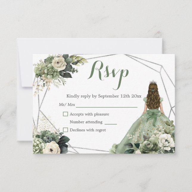 Tarjeta De Confirmación De Asistencia Sage Green Geometric Royal Princess Quinceañera (Anverso)