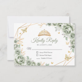 Tarjeta De Confirmación De Asistencia Sage Green Gold Floral Quinceanera Reply