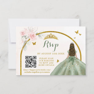 Tarjeta De Confirmación De Asistencia Sage Green Gold Princess Butterfly Mis Quince QR