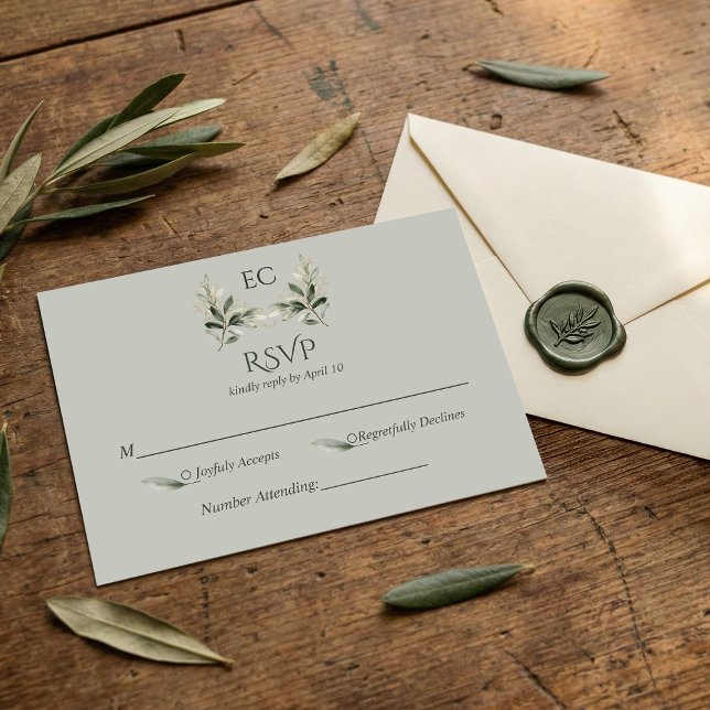 Tarjeta De Confirmación De Asistencia Sage Green Olive Branch Monogram Wedding (Subido por el creador)