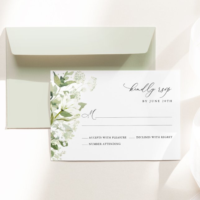 Tarjeta De Confirmación De Asistencia Sage Green Organic Greenery Wedding (Sage green organic greenery watercolor wedding RSVP card with botanical florals & elegant typography)