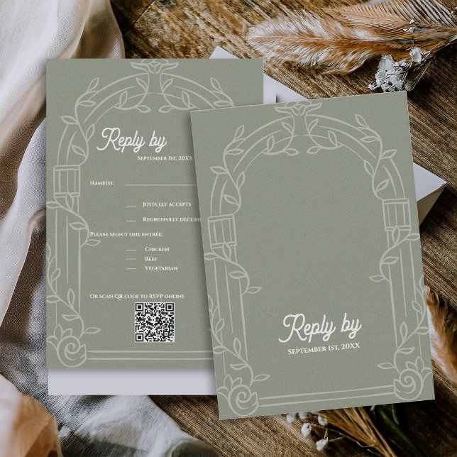 Tarjeta De Confirmación De Asistencia Sage Green Ornate Arch Botanical Wedding Reply By (Sage Green Ornate Arch Botanical Wedding RSVP Card with QR Code | Elegant Wedding Reply Card)