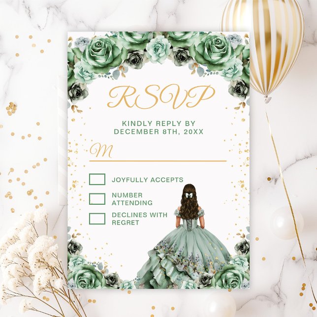 Tarjeta De Confirmación De Asistencia Sage Green Princess Floral Quinceañera (Subido por el creador)