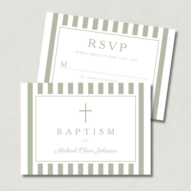 Tarjeta De Confirmación De Asistencia Sage Green Religious Cross Boy Baptism  (Sage Green Religious Cross Boy Baptism RSVP Card)