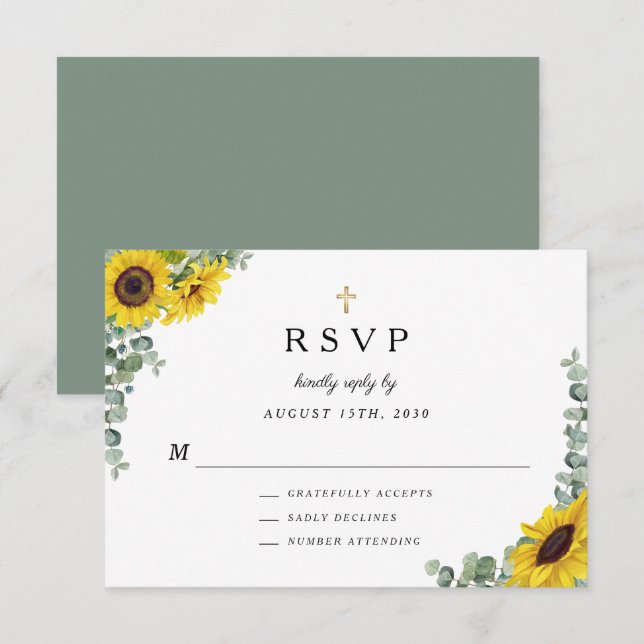 Tarjeta De Confirmación De Asistencia Sage Green Religious Cross Sunflower Boda (Anverso / Reverso)