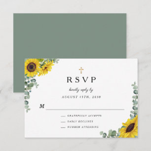 Tarjeta De Confirmación De Asistencia Sage Green Religious Cross Sunflower Boda
