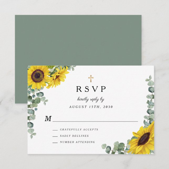Tarjeta De Confirmación De Asistencia Sage Green Religious Cross Sunflower Boda (Anverso / Reverso)