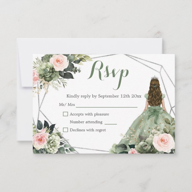 Tarjeta De Confirmación De Asistencia Sage Green Rubor Geométrica Princesa Quinceañera (Anverso)