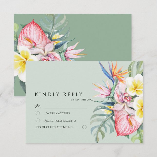 Tarjeta De Confirmación De Asistencia Sage Green Tropical Floral Hawaii Wedding (Anverso / Reverso)