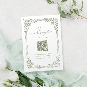 Tarjeta De Confirmación De Asistencia Sage Green Vintage Frame Elegante Boda de código Q