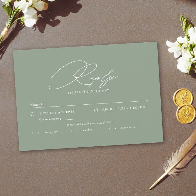 Tarjeta De Confirmación De Asistencia Sage Green White Modern Calligraphy Meal Wedding (sage green wedding rsvl meal elegant modern calligraphy white simple contemporary stylish)