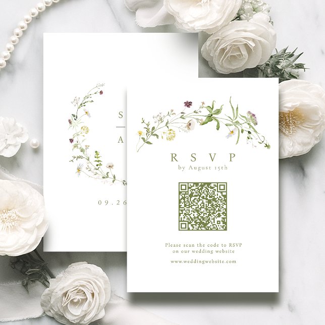 Tarjeta De Confirmación De Asistencia Sage Green Wildflower Rustic Boho Boda de código Q (Sage Green Wildflower Rustic Boho QR code Wedding RSVP Card)
