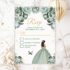 Tarjeta De Confirmación De Asistencia Sage Green y Gold Brunette Hair Princess