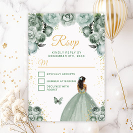 Tarjeta De Confirmación De Asistencia Sage Green y Gold Dark Skine Princess