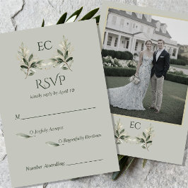 Tarjeta De Confirmación De Asistencia SageGreen Olive Branch Monogram Photo Wedding