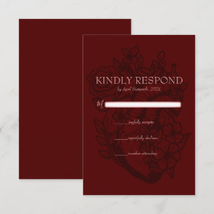 Tarjeta De Confirmación De Asistencia Sangre Rojo Blooming Corazón Elegante Boda Gótico