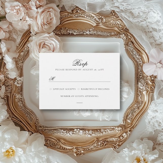 Tarjeta De Confirmación De Asistencia Sarah Simple Elegante Boda Blanco y Negro (This RSVP card is perfect for an elegant, vintage wedding.)