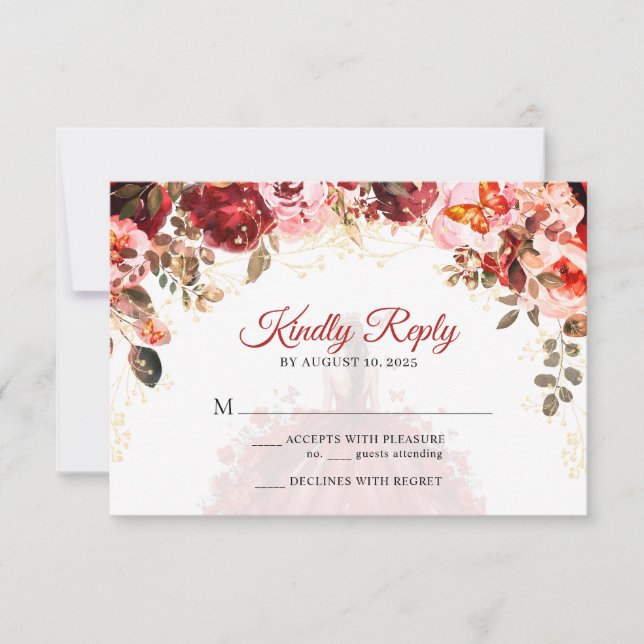 Tarjeta De Confirmación De Asistencia Scarlet Elegance Floral Princesa Quinceañera (Anverso)