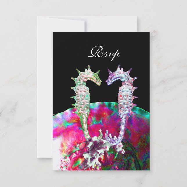 Tarjeta De Confirmación De Asistencia SEAHORSES BEACH WEDDING RSVP, azul rosa negro (Anverso)