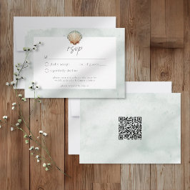 Tarjeta De Confirmación De Asistencia Seashell Watercolor Minimalist Beach Wedding QR