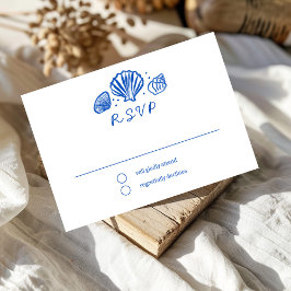 Tarjeta De Confirmación De Asistencia Seashells Frame Beach Wedding PERSONALIZADO Azul
