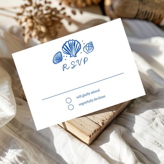 Tarjeta De Confirmación De Asistencia Seashells Frame Beach Wedding PERSONALIZADO Azul (Seashells Frame Beach Wedding Blue CUSTOM RSVP Card
)