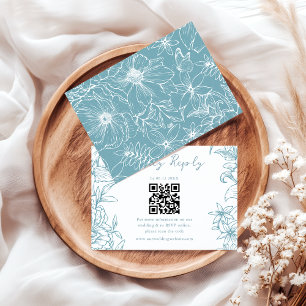 Tarjeta De Confirmación De Asistencia Sencilla Elegante Floral Código QR Azul Polvorient