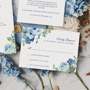 Tarjeta De Confirmación De Asistencia Sencilla y elegante Boda Floral de la Marina Azul