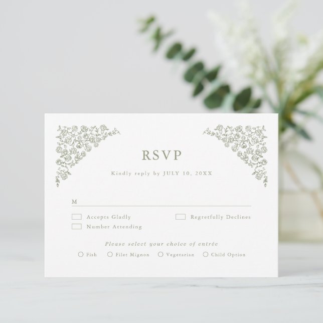 Tarjeta De Confirmación De Asistencia Sencillo Boda Verde Floral Timeless Floral (Anverso de pie)