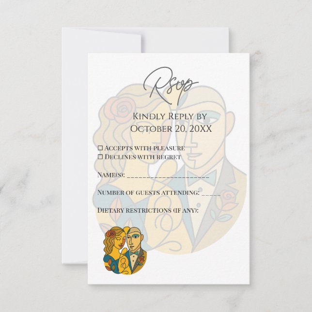 Tarjeta De Confirmación De Asistencia Silhouette artística Destino Boda de Arte Moderno (Anverso)