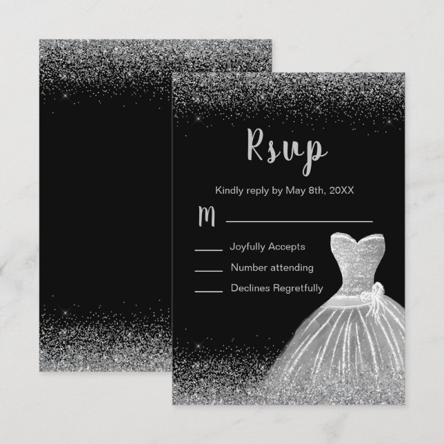 Tarjeta De Confirmación De Asistencia Silver Dress Faux Glitter Quinceanera  (Anverso / Reverso)