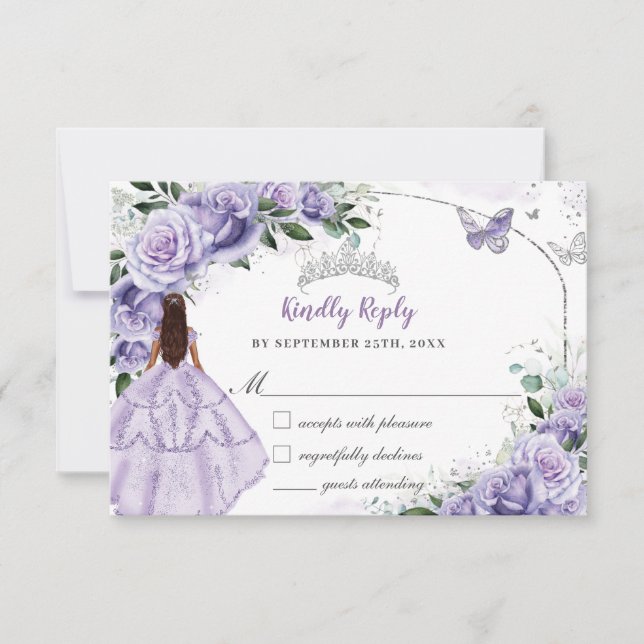 Tarjeta De Confirmación De Asistencia Silver Quinceanera Purple Lavender Floral Princess (Anverso)
