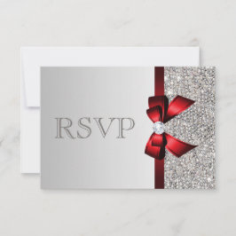 Tarjeta De Confirmación De Asistencia Silver Sequins Boda de diamante de bodas rojas RSV