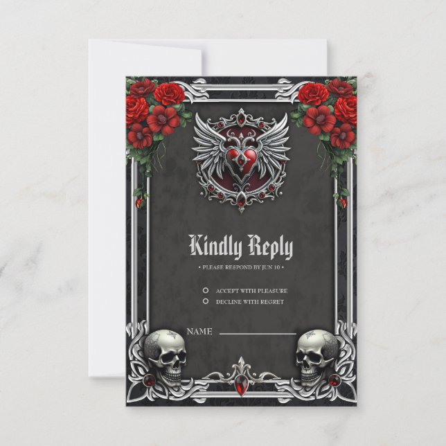 Tarjeta De Confirmación De Asistencia Simbiosis gótica, corazón elegante y calaveras. (Anverso)