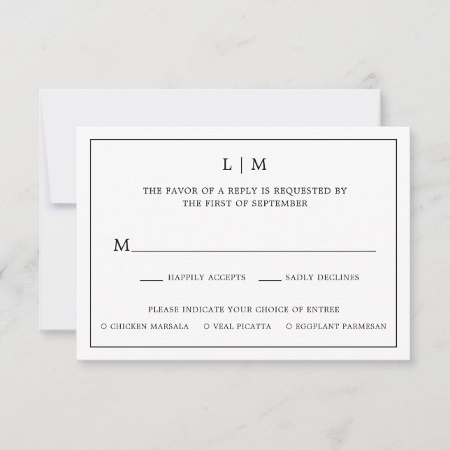 Tarjeta De Confirmación De Asistencia Simple Boda Elegante en Monograma Blanco y Negro (Anverso)