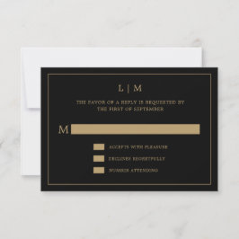 Tarjeta De Confirmación De Asistencia Simple Boda Elegante en Monograma Negro y Oro