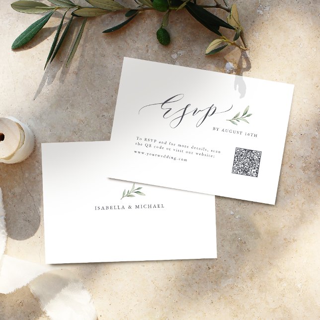Tarjeta De Confirmación De Asistencia Simple caligrafía vegetación rústica boda código Q (Simple calligraphy rustic greenery wedding QR code RSVP Card)