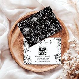 Tarjeta De Confirmación De Asistencia Simple Elegant Black White Floral QR Code Wedding