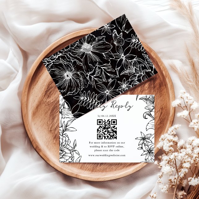Tarjeta De Confirmación De Asistencia Simple Elegant Black White Floral QR Code Wedding (Subido por el creador)